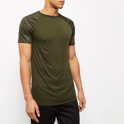Dark green mesh raglan sleeve T-shirt